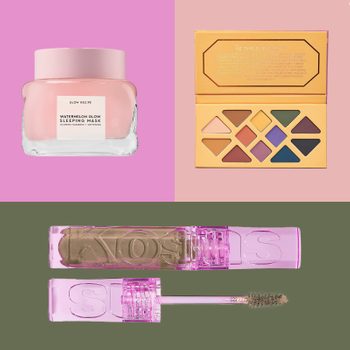 Skincare jar sits on pink background; yellow eyeshadow palette lies open displaying colors; clear pink tube with brush on green background.