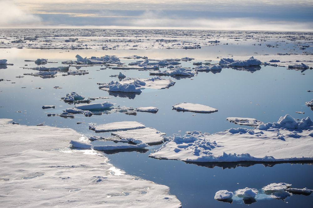 Pressure ridge and melt water at the Geographic North Pole