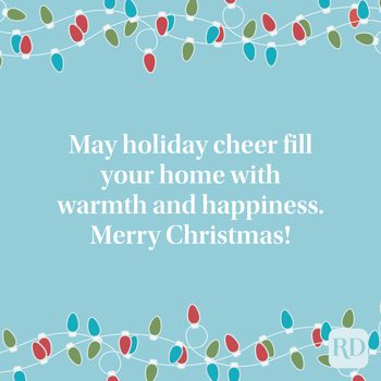 Christmas lights surround festive text wishing holiday cheer, warmth, and happiness on a light blue background.