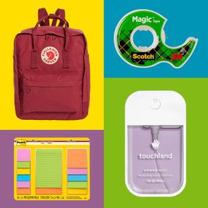 Red backpack displayed on yellow, with tape, hand sanitizer, and colored sticky notes on vibrant backgrounds.