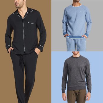 Three men wearing different loungewear. Left: black pajamas, brown background. Top right: blue tracksuit, gray background. Bottom right: gray sweater, blue background.