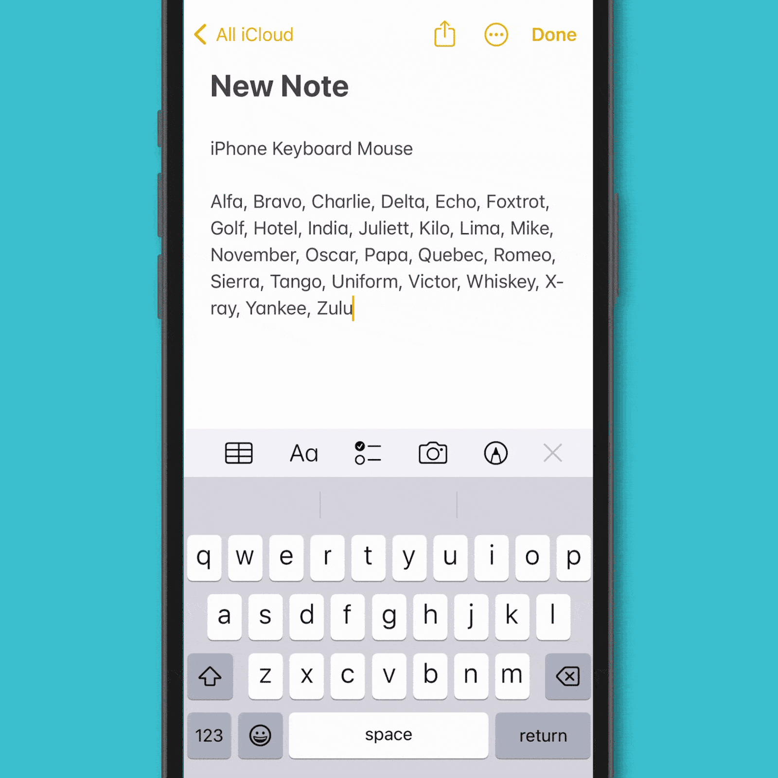 Phone screen displays typing in a note app, listing the NATO phonetic alphabet, with a virtual keyboard below and blue background.
