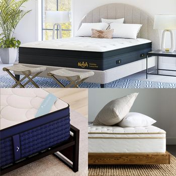 Three mattresses; one is on a stylish bed in a modern bedroom, another features close-up stitching, and the third is on a wooden frame.