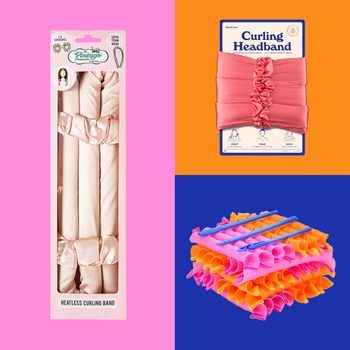 Curling accessories displayed; left, satin heatless band in pink box; top, pink headband on orange; bottom, colorful curling rods on blue.
