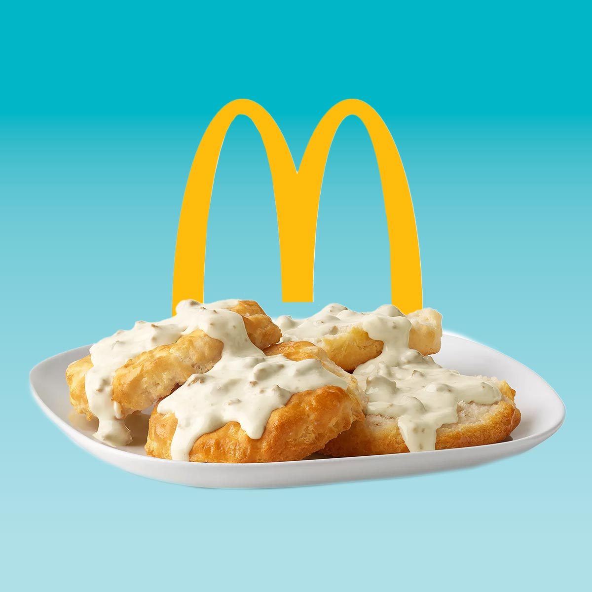 Mcdonalds Biscuits And Gravy on a white plate with the golden Arches logo above, on a light blue background