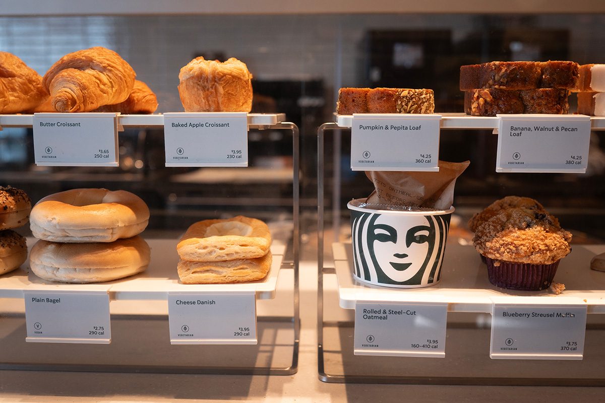 Baked goods are offered for sale at a Starbucks coffeeshop