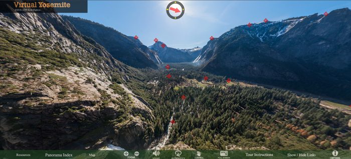 A panoramic virtual tour view of Yosemite Valley, featuring forested areas, steep rock faces, and distant snow-capped peaks under a clear blue sky, with labeled points of interest across the scene.