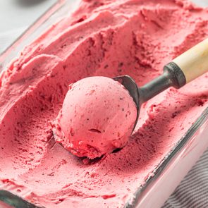 Homemade Berry Ice Cream in a glass bowl on a table