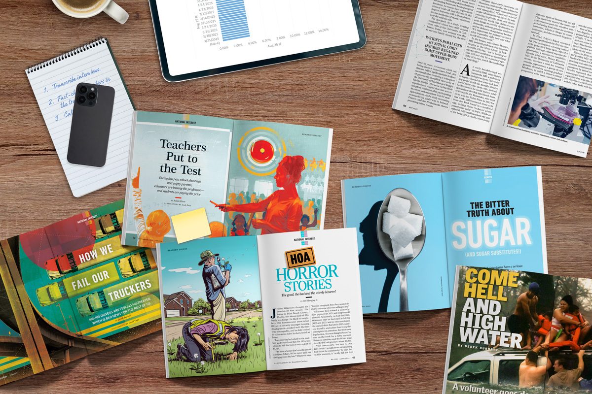 open magazines on a desk with a smartphone, ipad and coffee mug