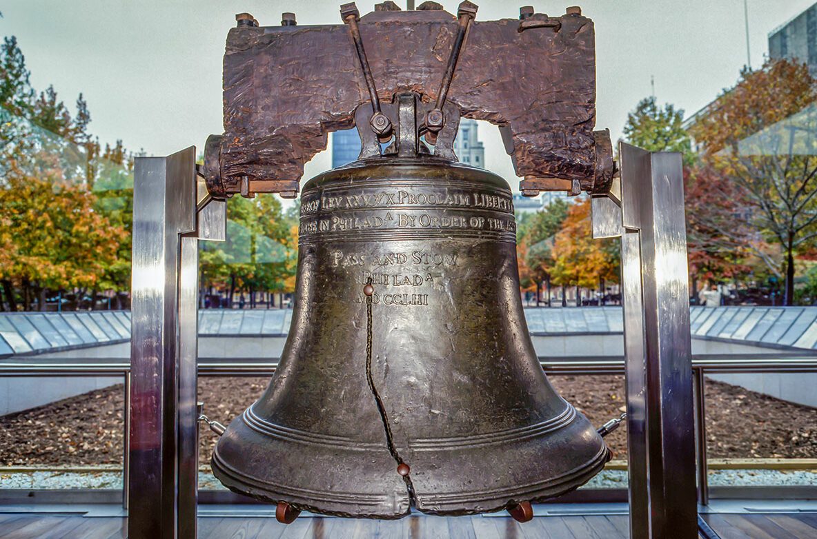 The Liberty Bell is displayed across from Independence Hall in Philadelphia.