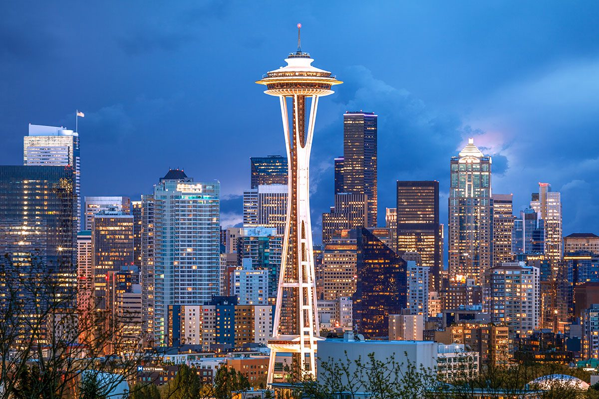 Space Needle in Seattle with Stormy Sky Background